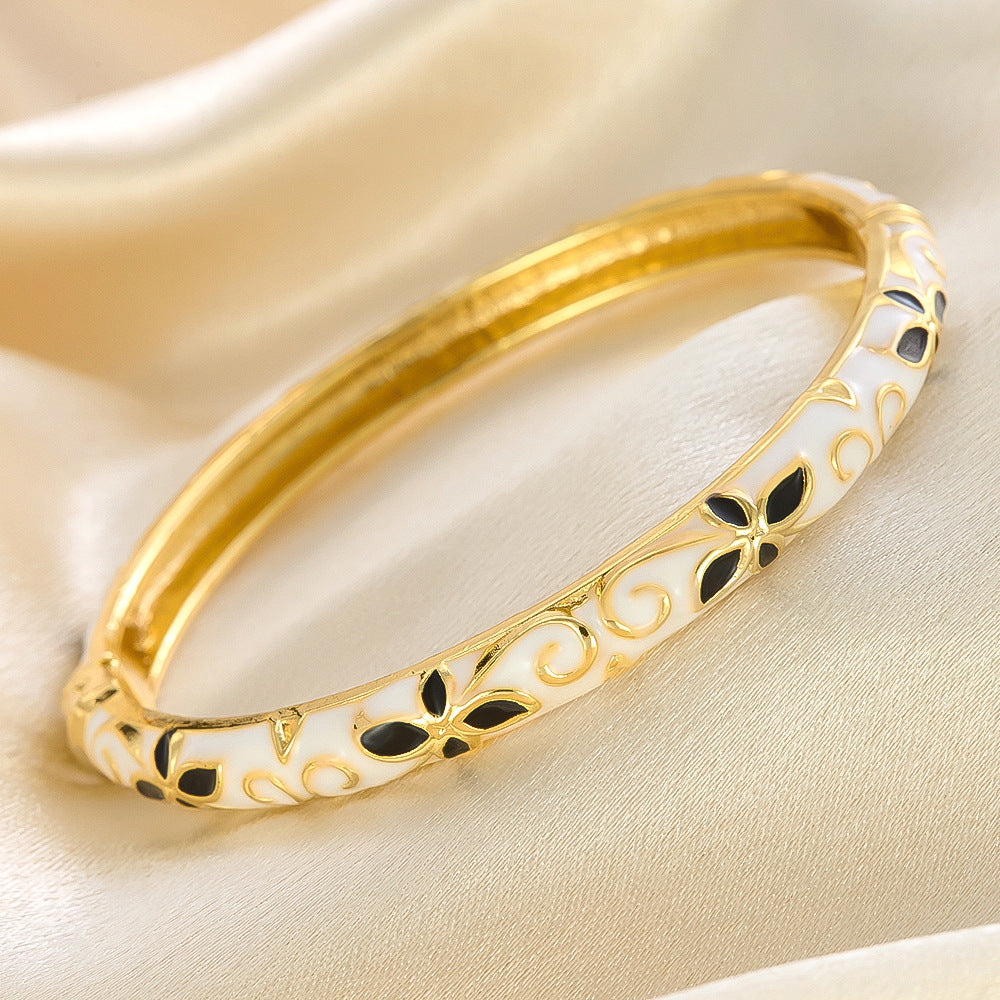 Colorful Floral Enamel Cuff Bracelet Set with Vintage Open Bangle Design