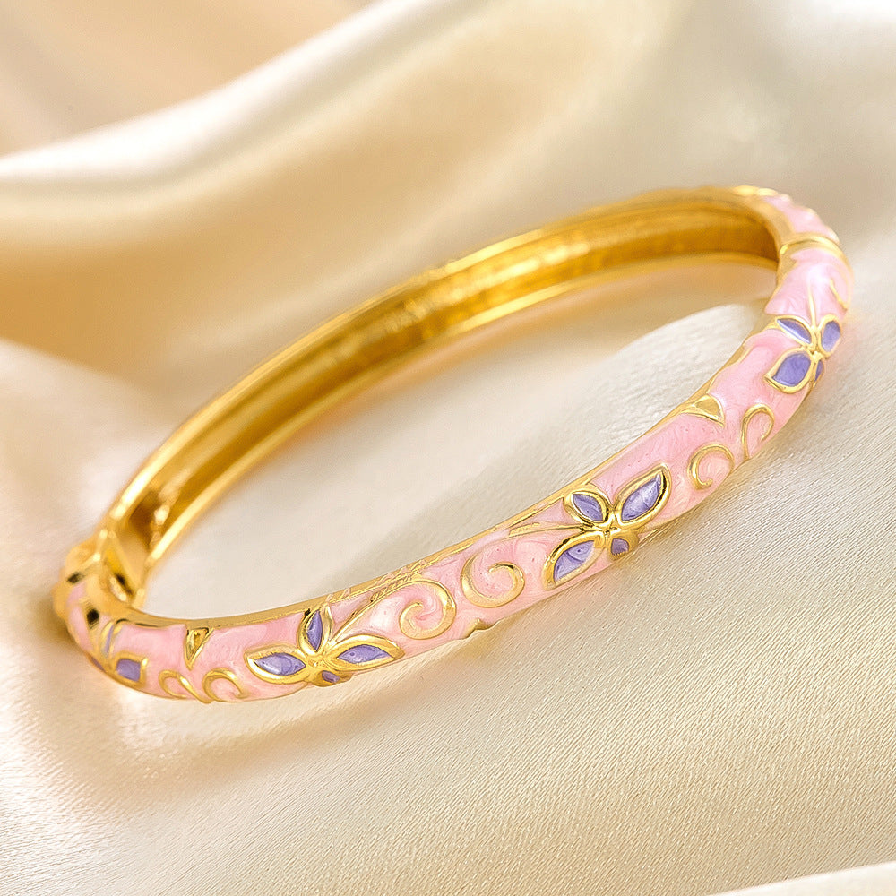 Colorful Floral Enamel Cuff Bracelet Set with Vintage Open Bangle Design