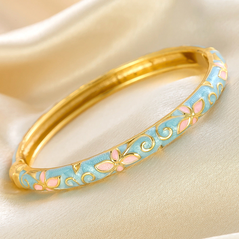Colorful Floral Enamel Cuff Bracelet Set with Vintage Open Bangle Design