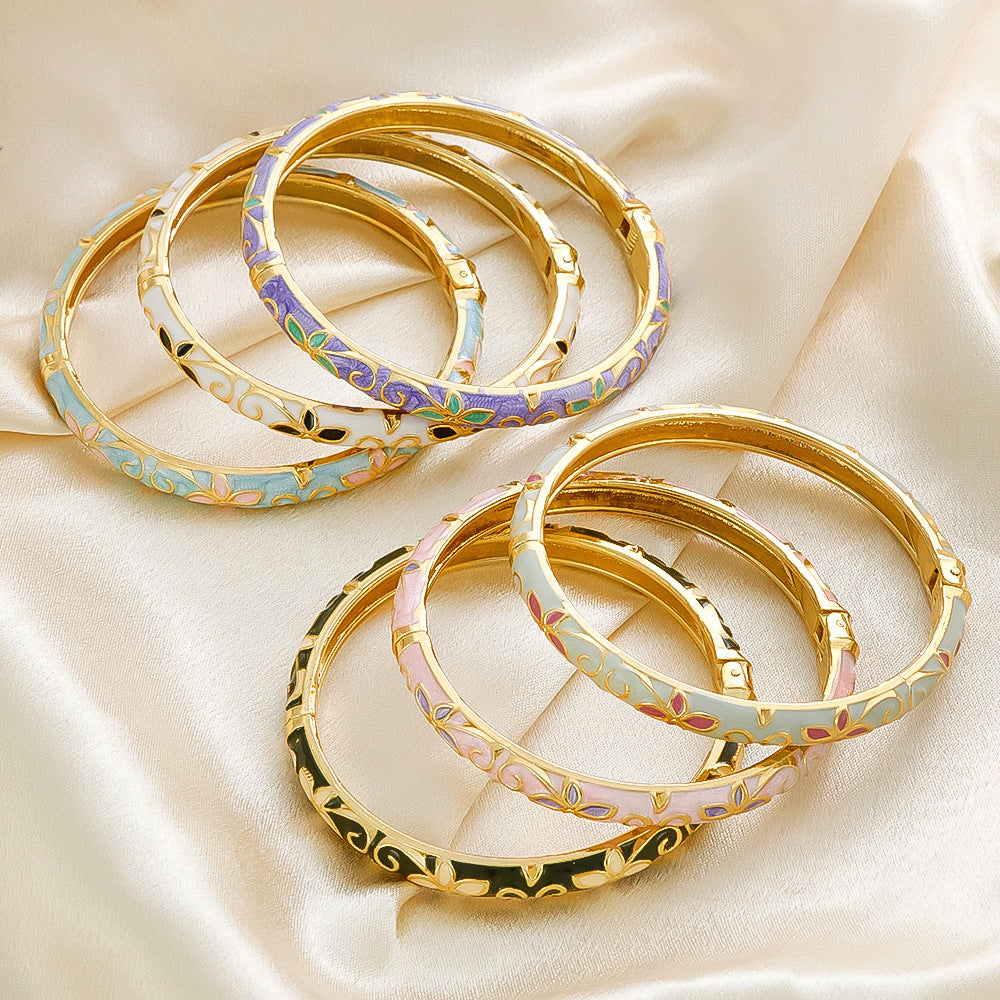 Colorful Floral Enamel Cuff Bracelet Set with Vintage Open Bangle Design