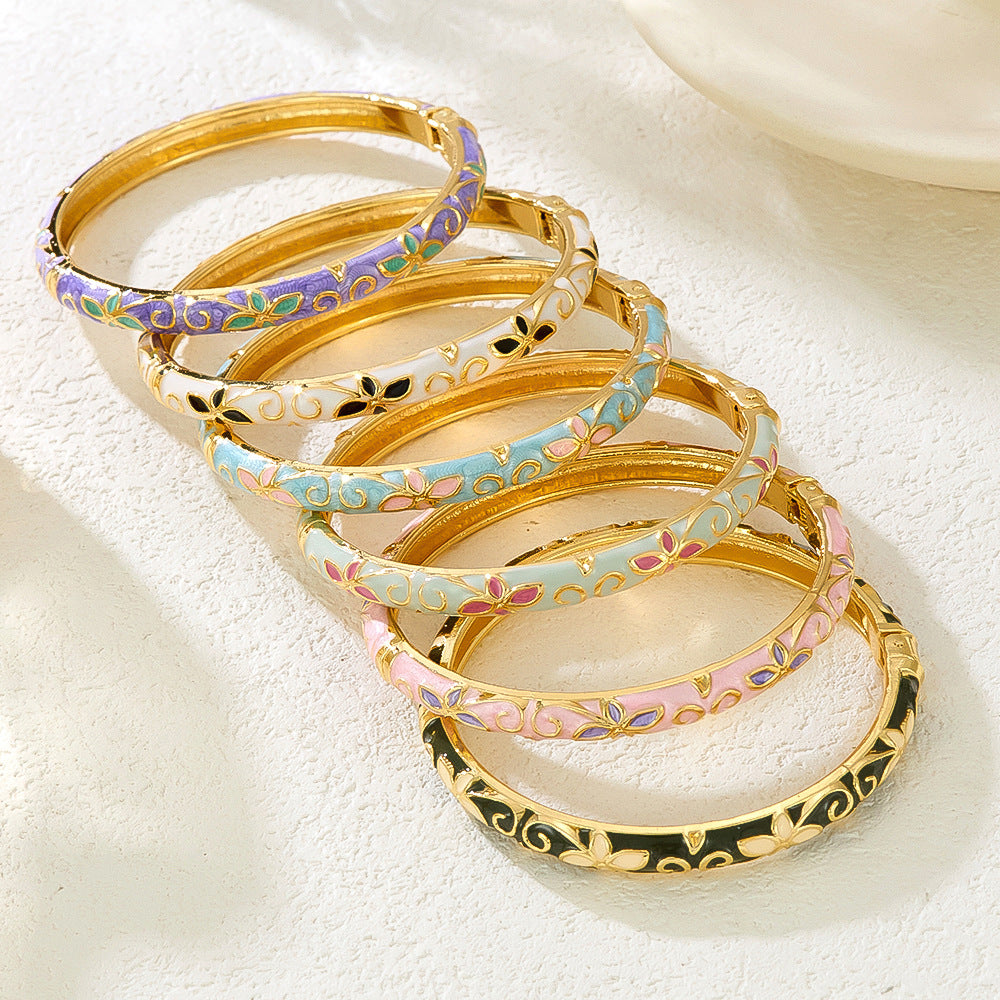 Colorful Floral Enamel Cuff Bracelet Set with Vintage Open Bangle Design