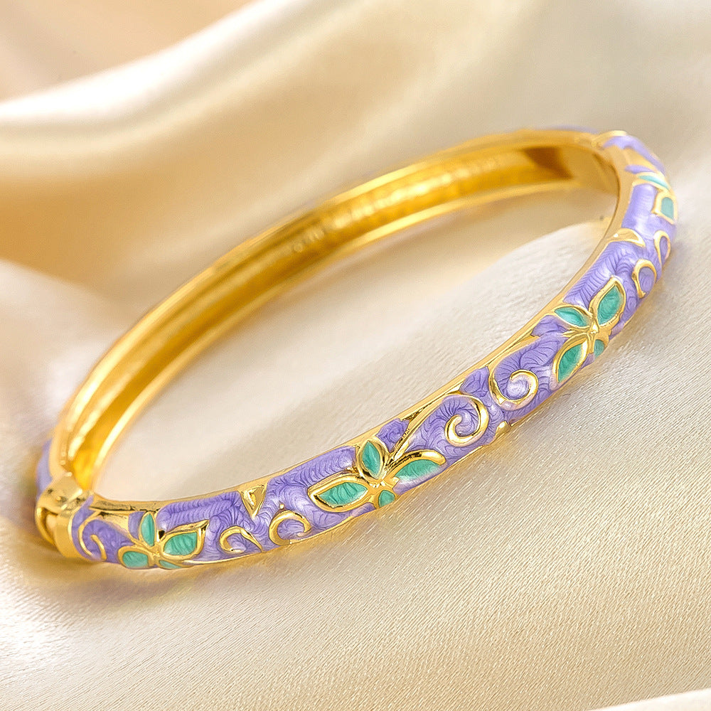 Colorful Floral Enamel Cuff Bracelet Set with Vintage Open Bangle Design