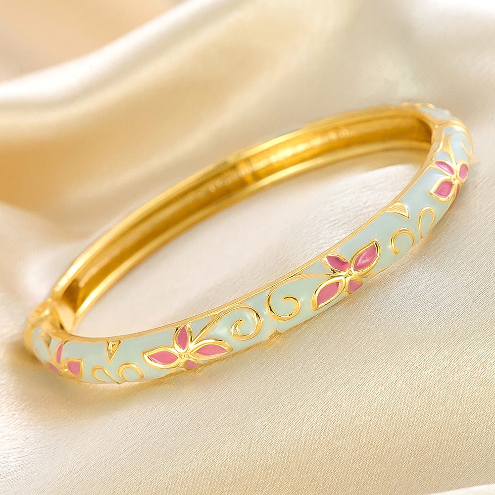 Colorful Floral Enamel Cuff Bracelet Set with Vintage Open Bangle Design