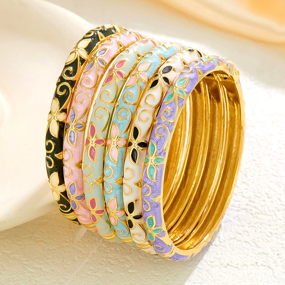 Colorful Floral Enamel Cuff Bracelet Set with Vintage Open Bangle Design