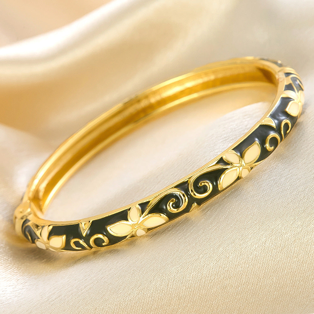 Colorful Floral Enamel Cuff Bracelet Set with Vintage Open Bangle Design